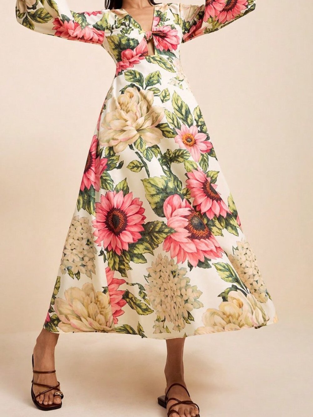 Multicolor Boho Women's V-Neck Long Sleeve Twist Knot Dress with Tropical Print - Picture 6 of 9